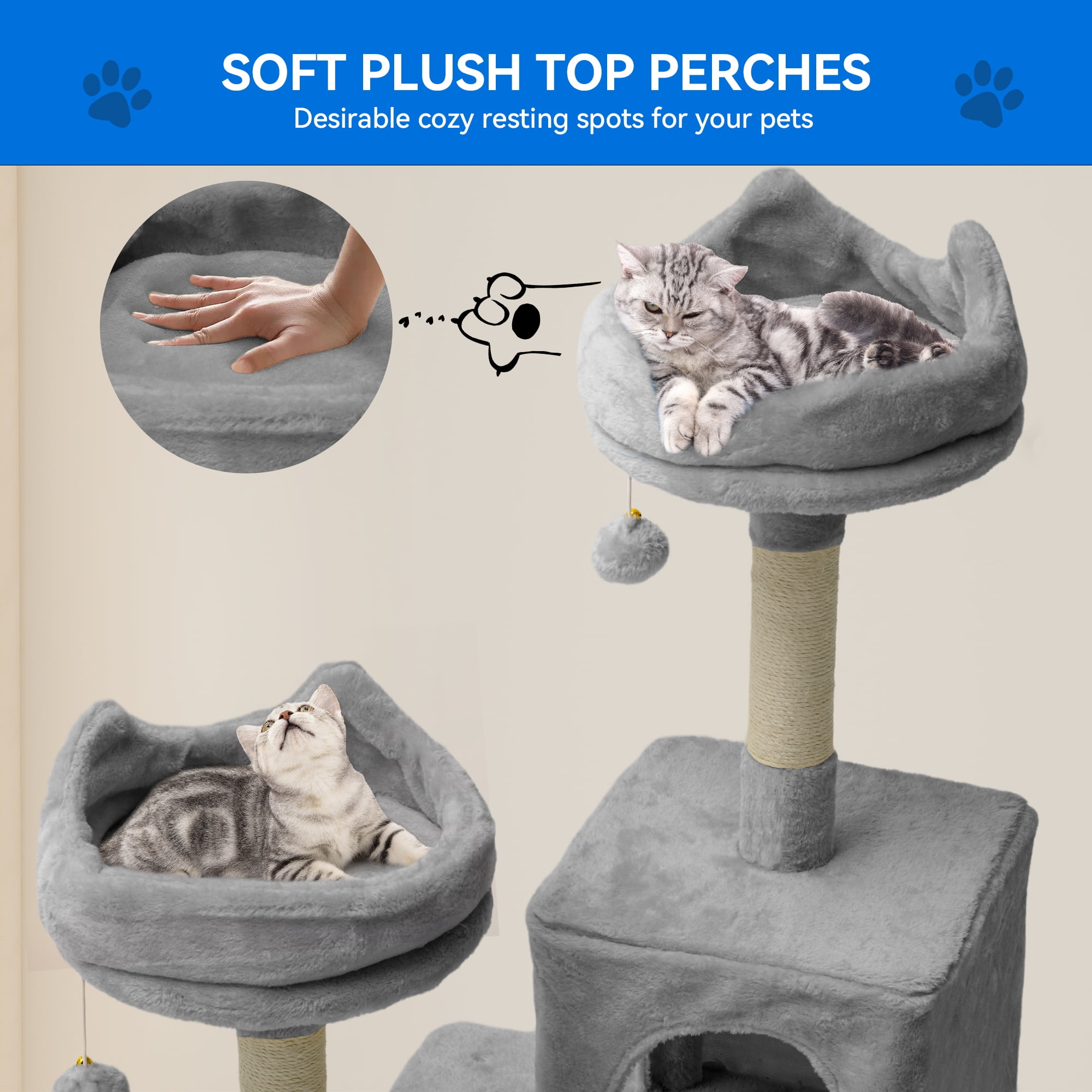 75" Multi-Level Cat Tree Tower with Cat Condos, Perches, Hammocks, Scratching Posts Board, Large Cat Activity Center,Light Grey