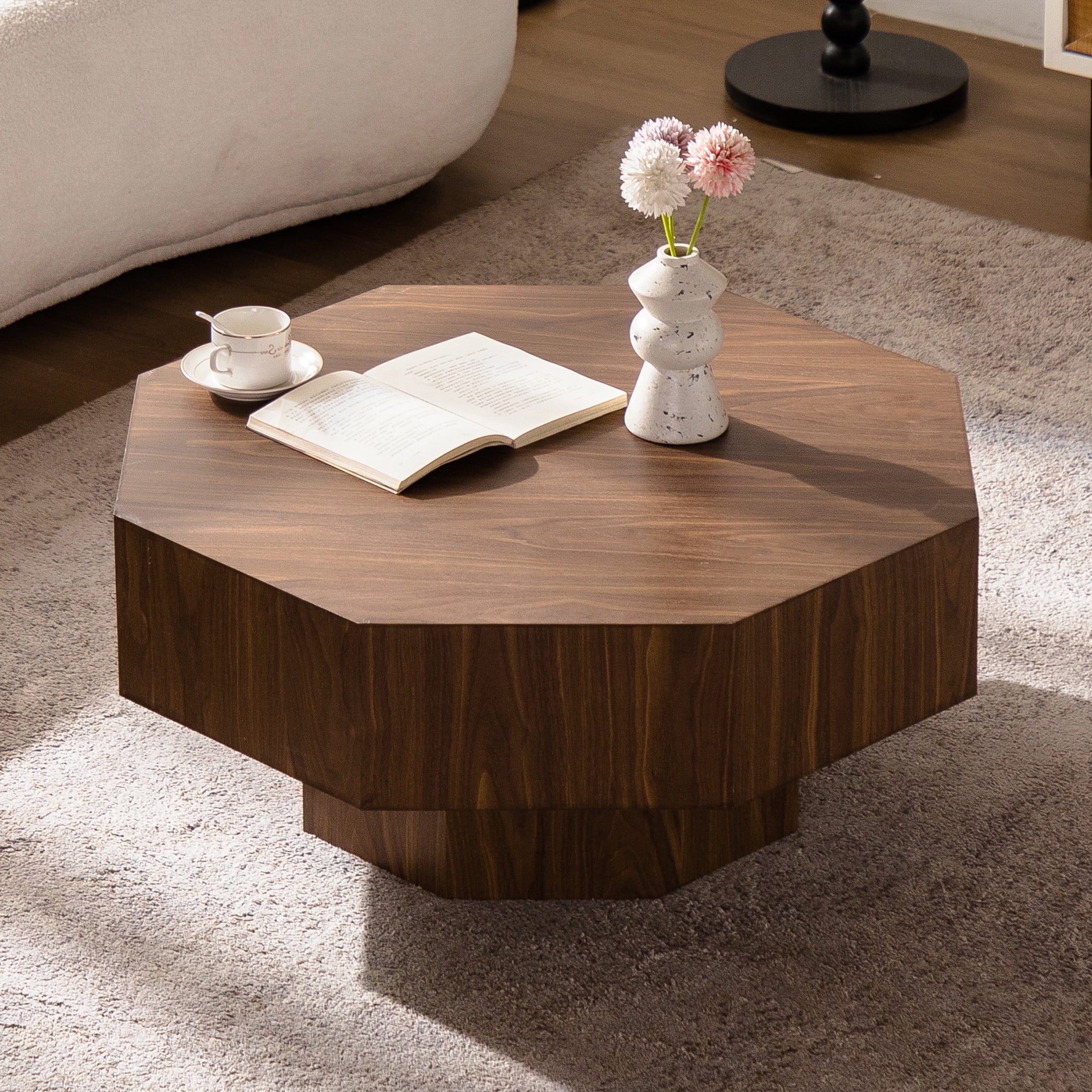 Noble House 30" Octagonal Wood Coffee Table, Minimalist Design for Modern Living Room, Bedroom, Walnut