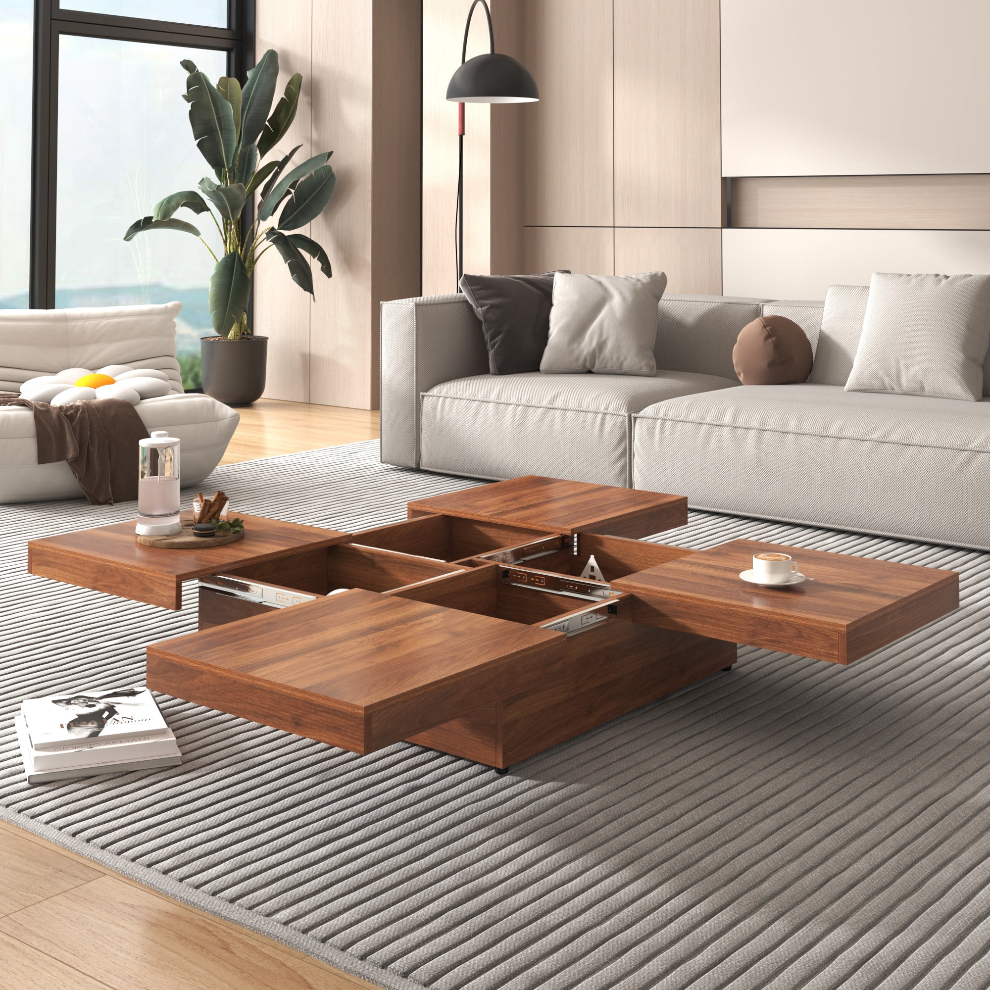 PORKISS Square Coffee Table, Modern Coffee Table with Sliding Top and Storage Space, Cocktail Table with Storage and Grain Veneer Finish, Freestanding Storage Coffee Table for Living Room, Walnut