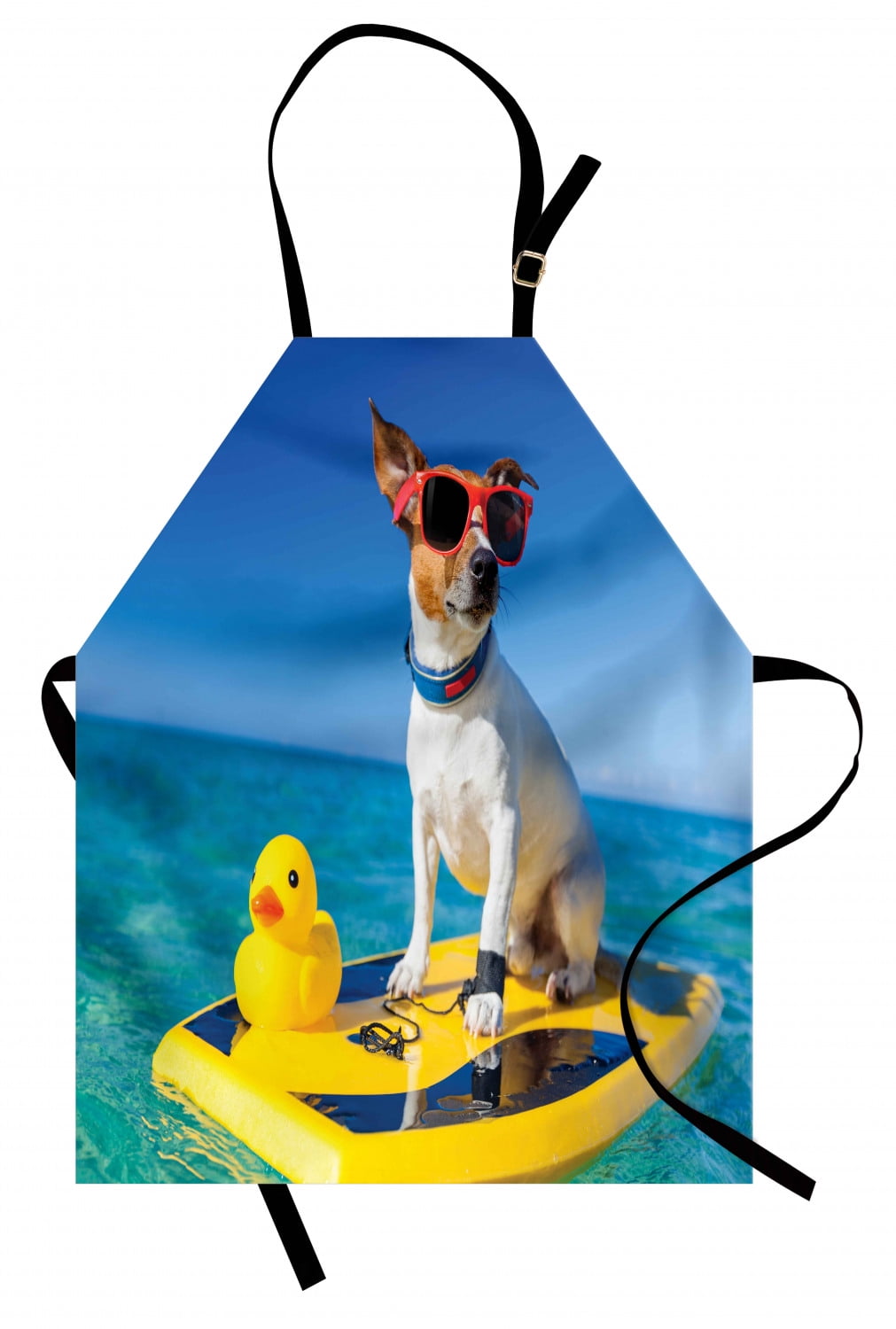 Rubber Duck Apron Dog with Sunglasses and Rubber Duck on Surfboard at