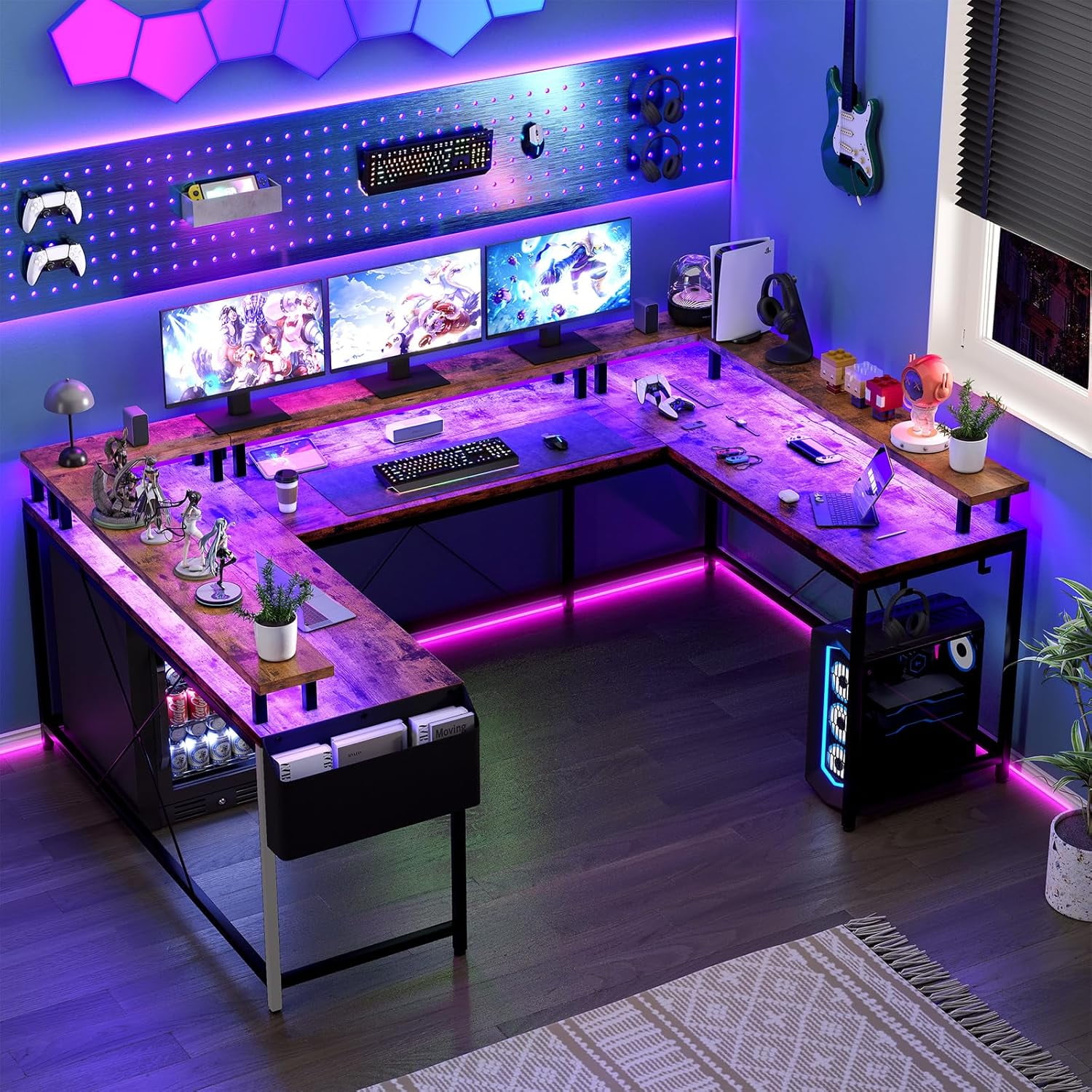 U Shaped Desk with Power Outlets & LED Lights, 79" Reversible L Shaped Desk, Corner Computer Desk Office Desk with Full Monitor Stand,Rusitc Brown