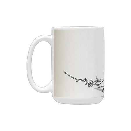 

Japanese Bamboo Decor Collection Abstract Tree and Bamboo Pattern Floral Leaf Design Ecru Dark Olive Ceramic Mug (15 OZ) (Made In USA)