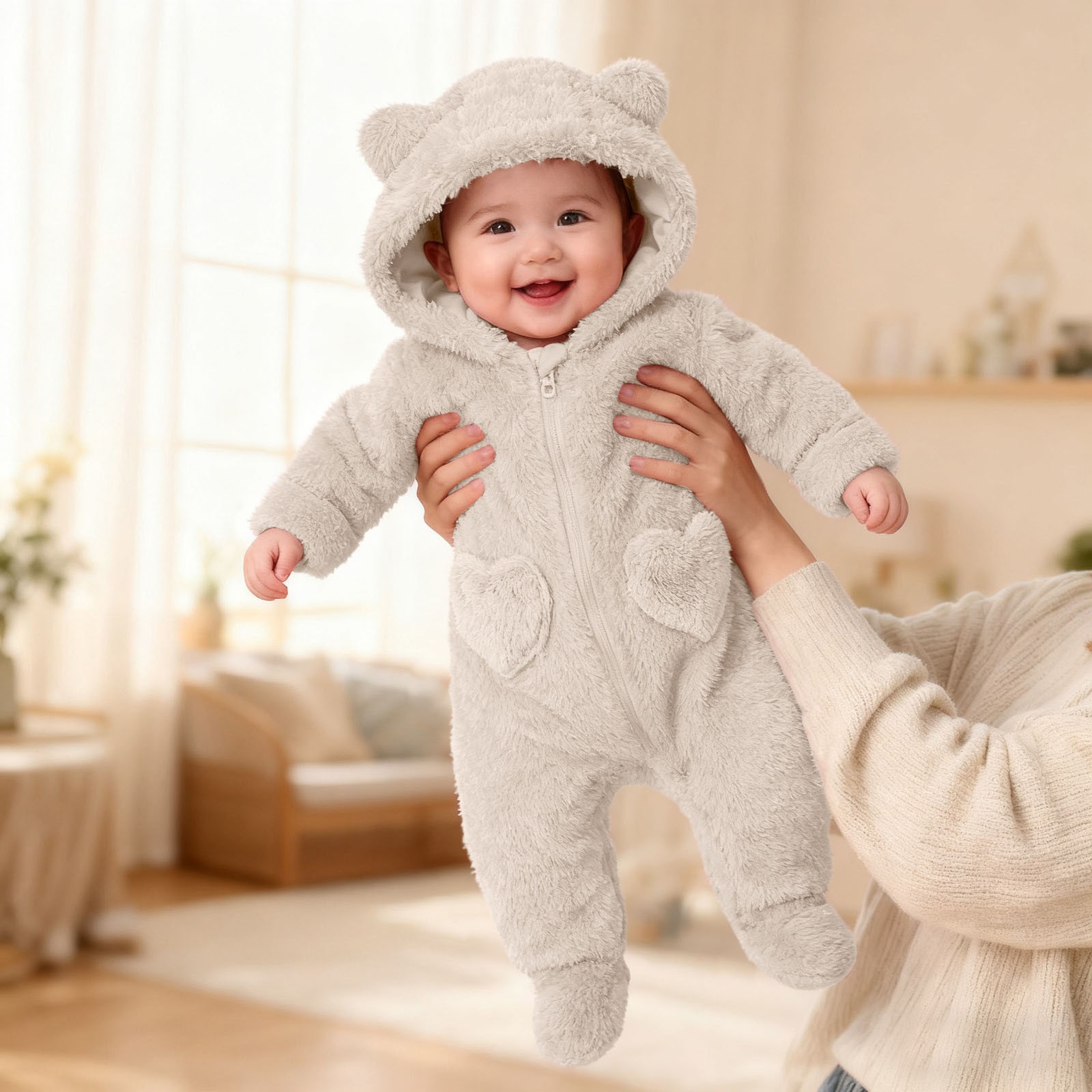 Baby Jumpsuit Baby Snowsuits Winter Fleece Romper with Hood Newborn Bear Snowsuit Boy and Girl One Piece Suit for 0-12 Months, Beige, 9-12 Months