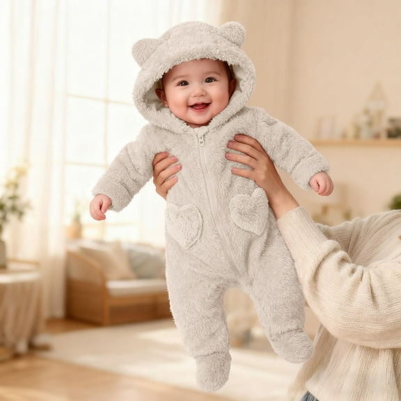 Fluffy Fleece Hooded Jumpsuit Long Sleeve Zipper Animal Themed Baby Romper Winter Sleepwear Cartoon Outfit for Dress Up Party 6-9 Months