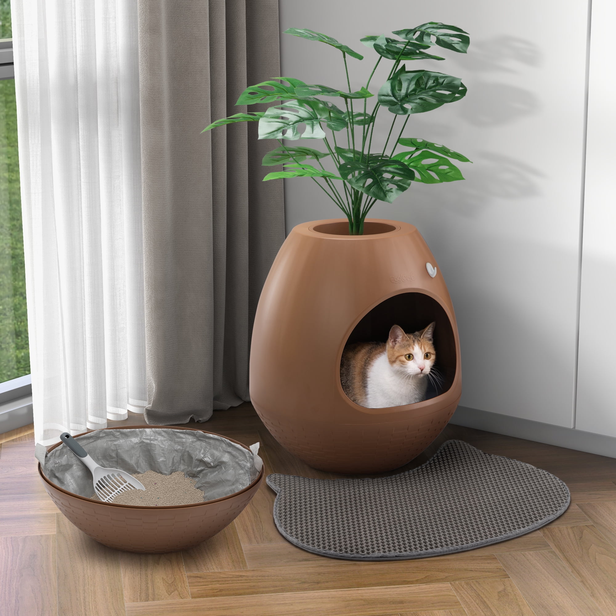 Coziwow Plant Litter Box, Hidden Cat Litter Box with Artificial Plants and Cat Litter Mat, Carbon Odor Filter System, Easy to Clean, Brown