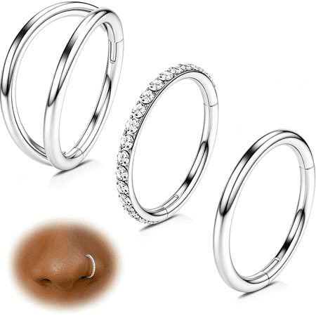 DESIGNICE Women Nose Rings Hoop: 3Pcs 316L Surgical Steel Double Hoop Septum Rings Cz Clicker for Lip Cartilage Earrings Tragus Conch Daith Hinged Body Piercing Jewelry