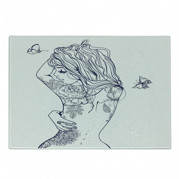 Fashion Cutting Board, Young Girl Tattoos Butterflies Free Your Soul Inspired Hair Feminine, Decorative Tempered Glass Cutting and Serving Board, Small Size, Purple White, by Ambesonne
