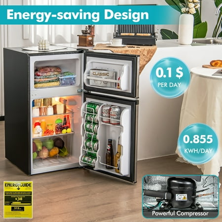 Costway - 3.2 Cu.Ft Mini Refrigerator with  Freezer Compact Fridge with  2 Reversible Door - Black / Silver
