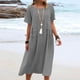 thumbnail image 1 of Vestido de verano holgado e informal de algodón y lino de color liso con cuello redondo y manga corta y largo medio para mujer, 1 of 6
