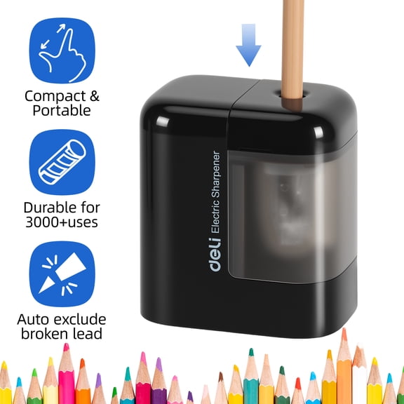 Deli Electric Pencil Sharpener, Automatic Pencil Sharpener, Office Supplies, Fast & Sharp, Compact Portable Design, 6.5–8mm Pencils, Black