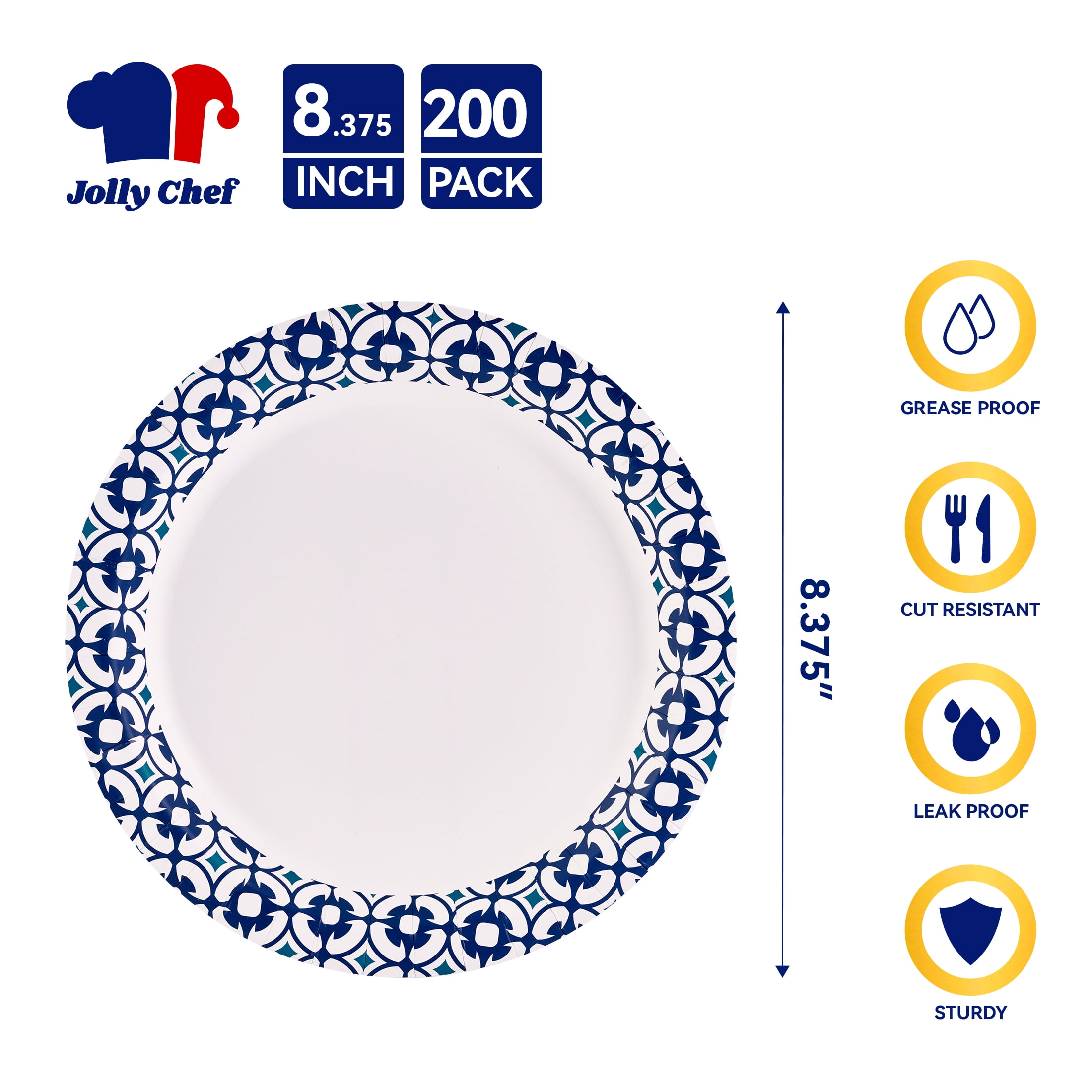 JOLLY CHEF 200-Pack 8.5" Paper Plates: Leak & Cut Resistant for Any Gathering