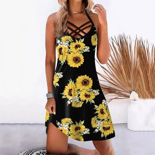 OAVQHLG3B Halter Hollow Out Sunflower Dress for Women Loose Midi Sleeveless  Summer Dress Beach Casual Fashion Sundress Vestidos - Walmart Business  Supplies