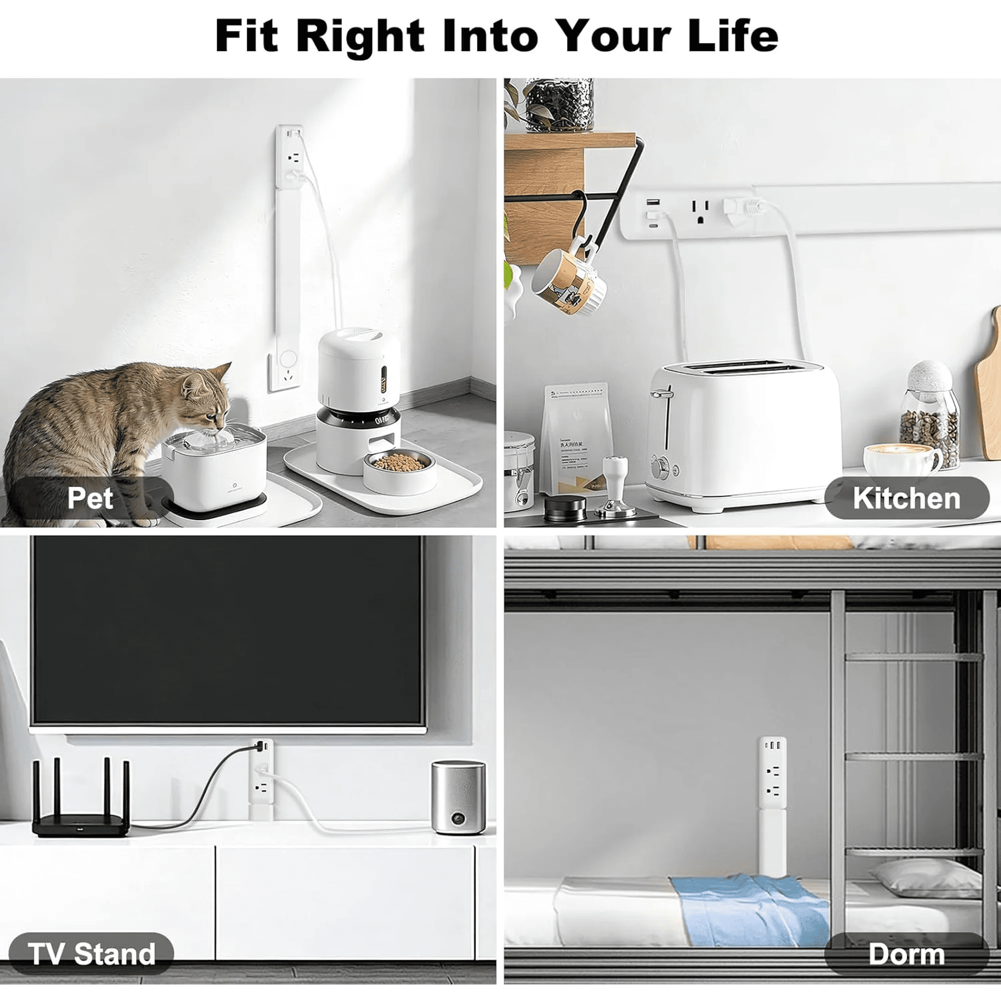 Telescopic Electrical Outlet Extender, 22"-34" Extension, 180° Swivel, 2 AC Outlets & 3 USB (1C/2A) for Hard-to-Reach Outlets