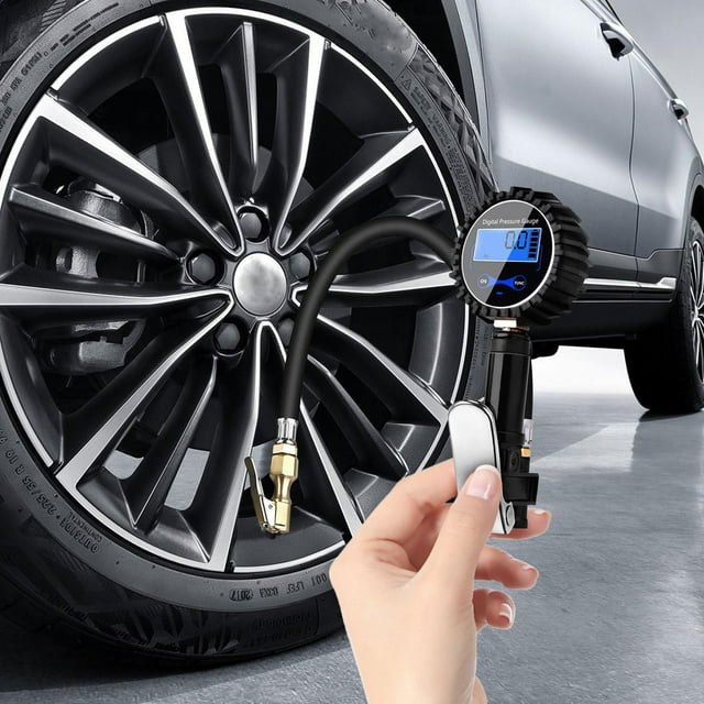 Manomètre Numérique de Pression des Pneus avec Écran Rétroéclairé LCD, 4 Unités PSI KPA Bar Kg/cm2, Acier Inoxydable Robuste, Lecture Précise pour Pneus de Voiture Camion Motocyclette Vélo, Gonfleur Auto avec Valve de Purge