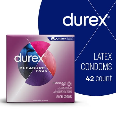 Durex Condom Pleasure Pack Assorted Natural Latex Condoms, Regular Fit, 42 Count - An exciting mix of sensation and stimulation