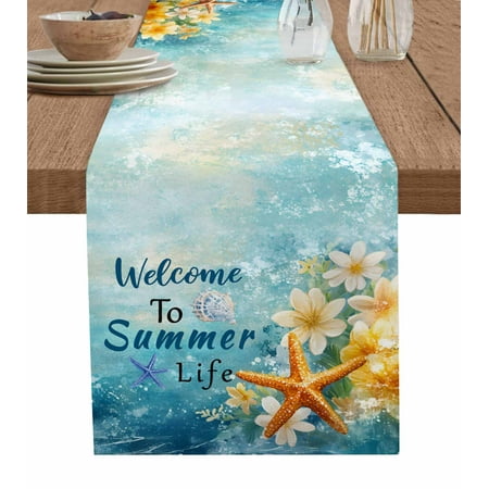 

Table Runner 13x120 Inch Summer Welcome To Life Ocean Flowers Starfish Table Runners Dresser Scarves Holiday Kitchen Dining Table Decoration for Home Party Indoor