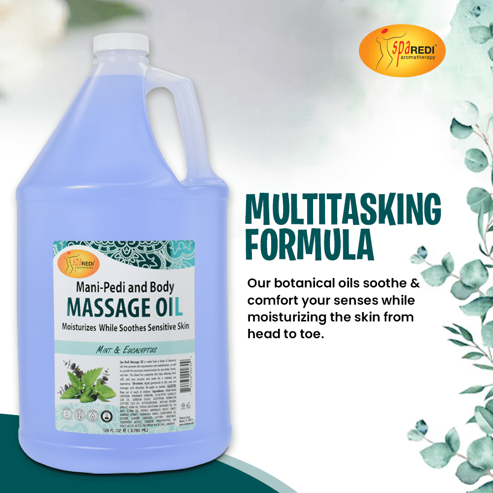 SPA REDI - Massage Oil, Mint Eucalyptus, 128 Oz - Professional Pedicure, Manicure, Body Massage Therapy, Made with Almond Oil, Cotton Seed Oil, Sunflower Oil, Avocado Oil, Essential Oils, Vitamin E