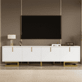 thumbnail image 1 of Meuble Télé pour Télé de 70 Po, Console Multimédia Moderne Mi‐siècle avec Table, Armoires de Rangement et Tablette avec Portes pour Salon et Chambre, Blanc, 1 of 8