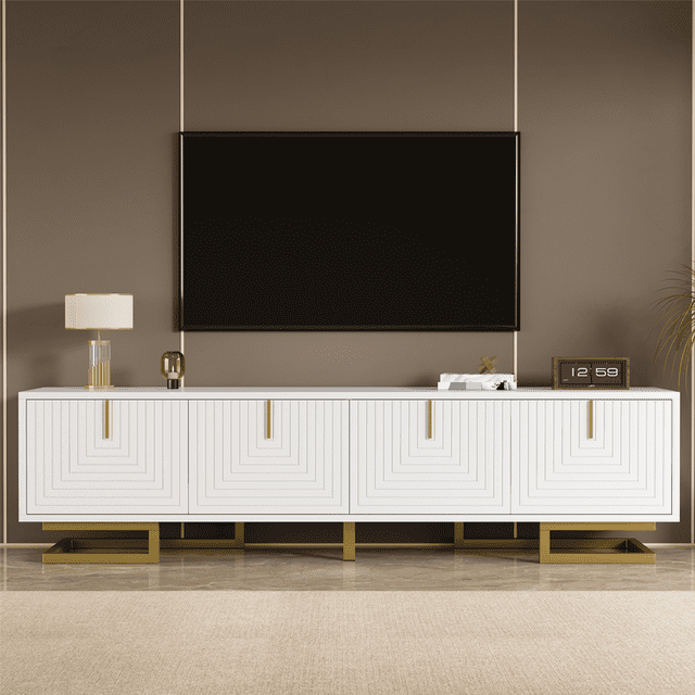 Meuble Télé pour Télé de 70 Po, Console Multimédia Moderne Mi‐siècle avec Table, Armoires de Rangement et Tablette avec Portes pour Salon et Chambre, Blanc