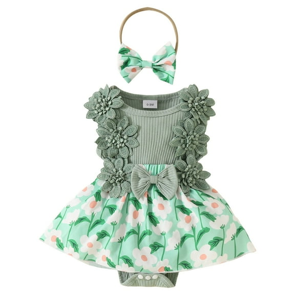 Yammkia Toddler Girls Summer Clothes Sunflower Romper Dress Lace Ruffle Sleeveless Outfits with Headband Clothes Set 0 3 6 9 12 18 Months(Green,3-6 Months)