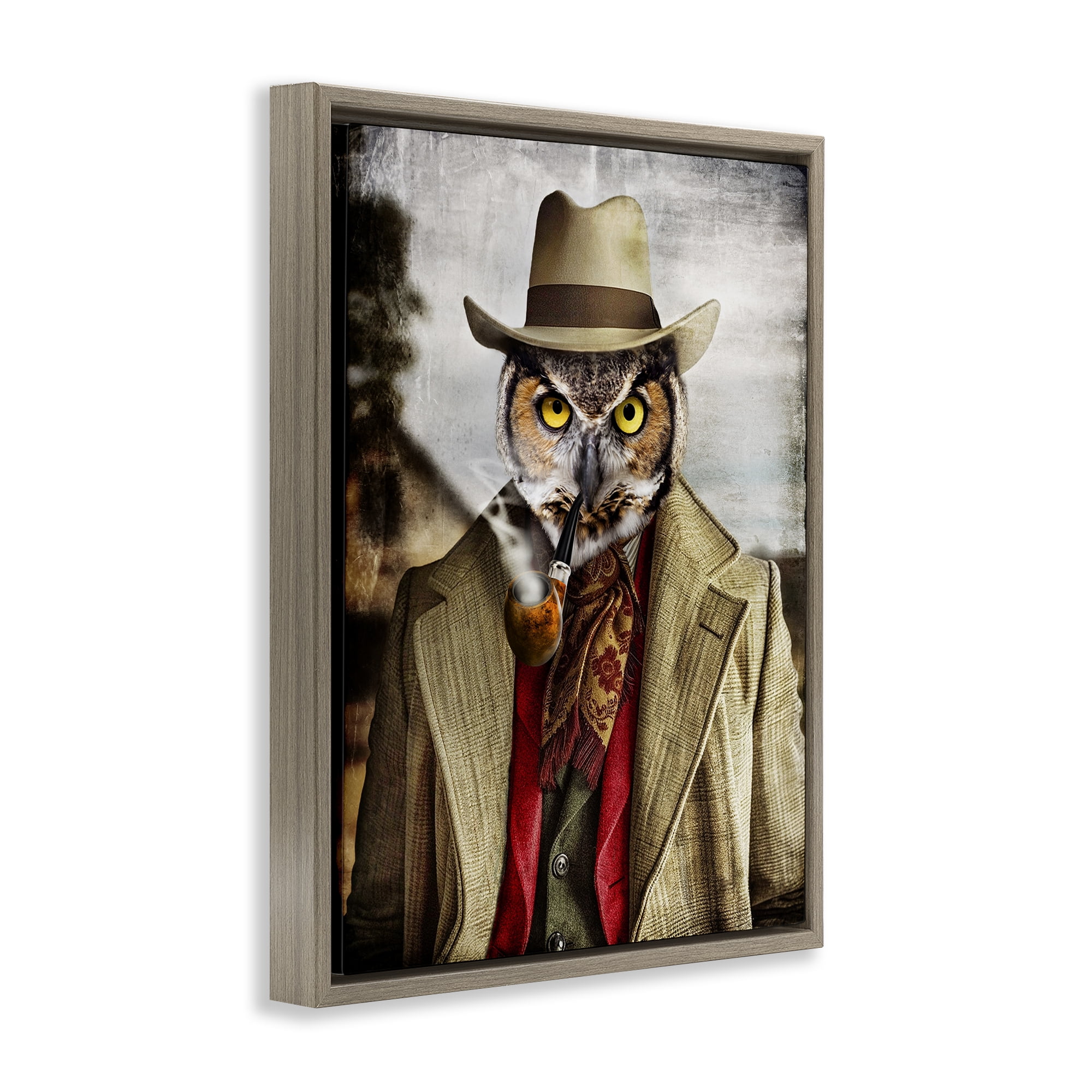 Stupell Industries Owl with Classic Pipe Animals & Insects Painting Brown Floater Framed Canvas Art Print Wall Art, 25 x 31