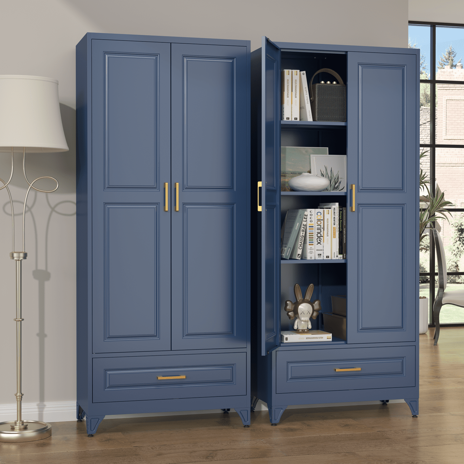 Polup 75" H Blue Kitchen Pantry Storage Cabinets with Drawers, Doors and Adjustable Shelves, Steel Large Cupboard