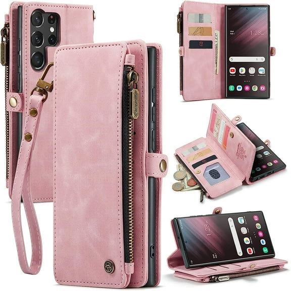 for Samsung Galaxy S23 Ultra Case, for Samsung S23 Ultra Wallet Case for Women Men, Fashion PU Leather Magnetic Flip Strap Zipper Card Holder Phone Case for Galaxy S23 Ultra 6.8", Rose Pink