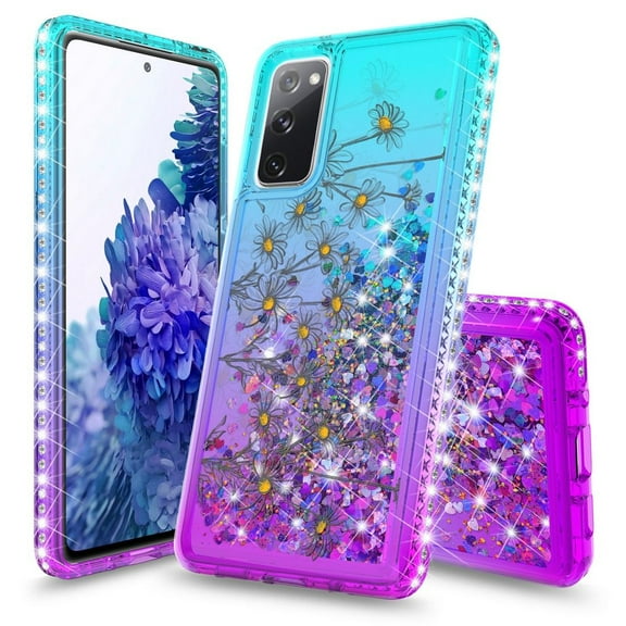 Bemz Liquid Quicksand Case for Samsung Galaxy S20 FE (with Touch Tool) - Daisy Flowers (Teal/Purple)
