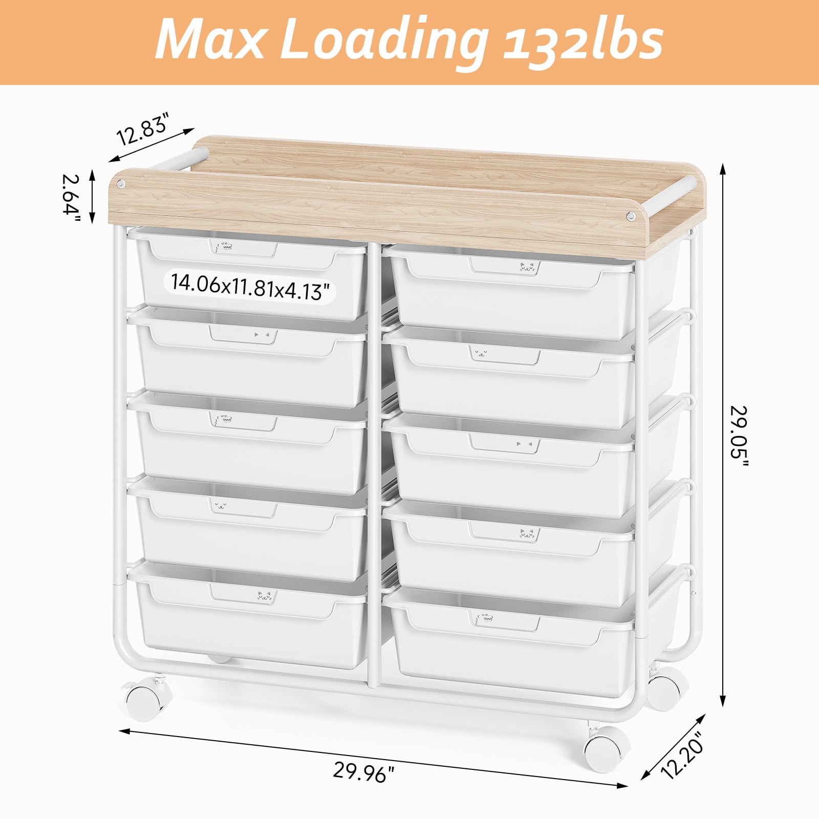 Rolling Storage Cart with 10 Drawers, KK KINGRACK Drawer Cart with Sturdy Frame for Craft Office School Storage, White