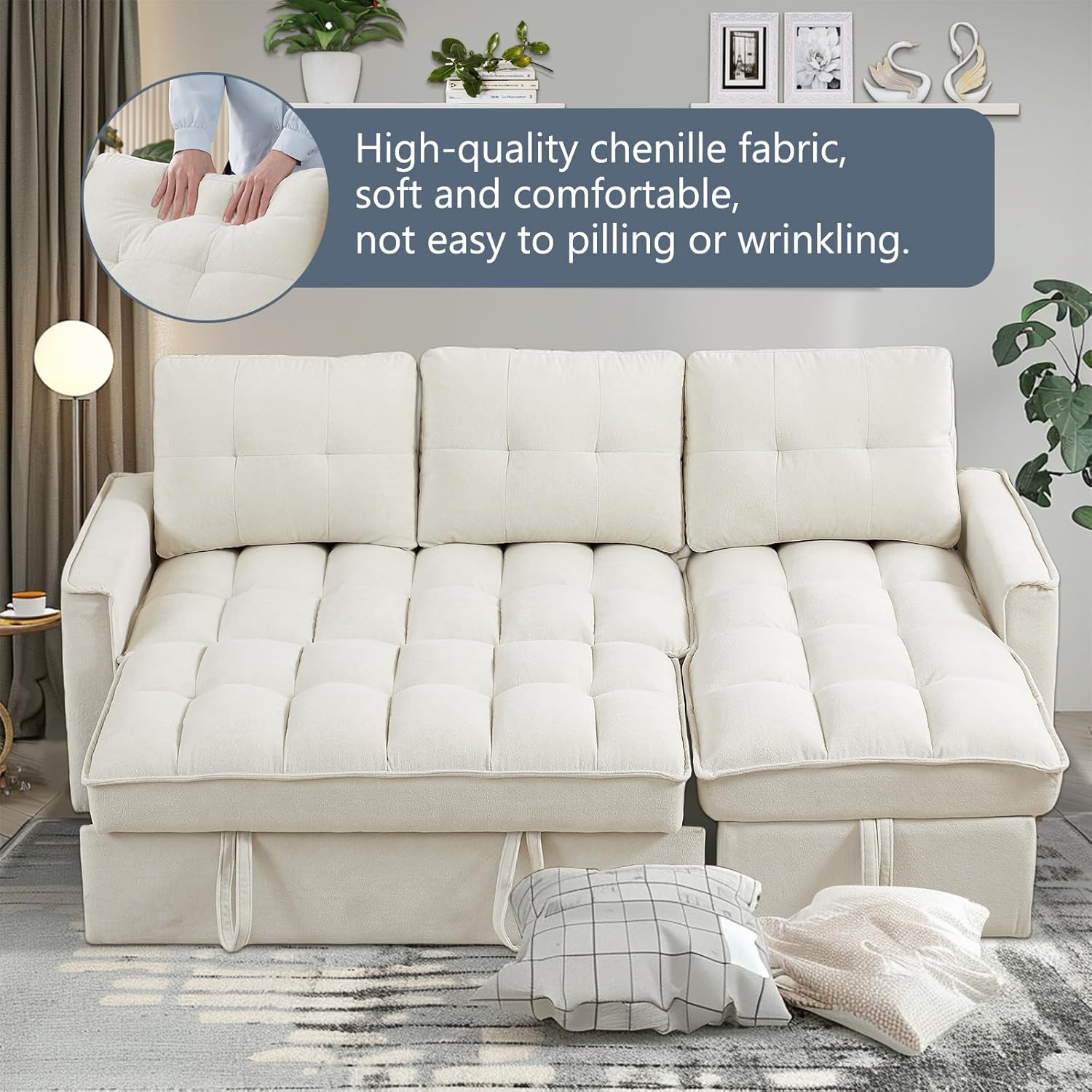 AENKYO 78.75" Reclining Sleeper Sofa with Pull-Out Bed and Built-in Charging Station, 3-Seat Sectional Couch with Cup Holders, Beige