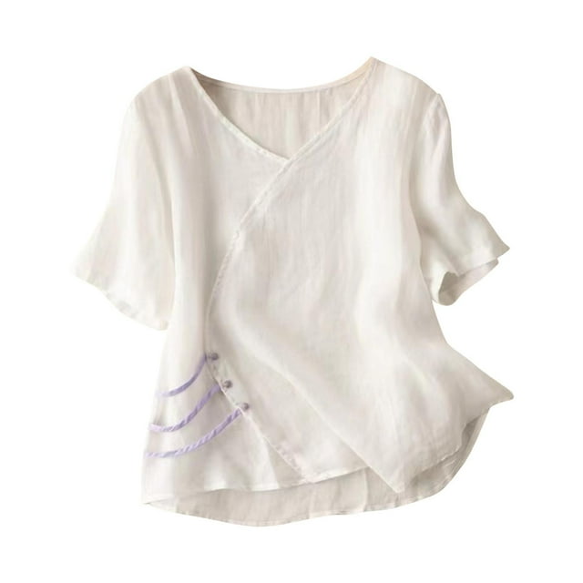 Pisexur Womens Tops 2024 Summer Short Sleeve V Neck Linen Shirts Retro Embroidered Blouses Bottom Button Solid Color T Shirts Loose Flowy Pullover Tops