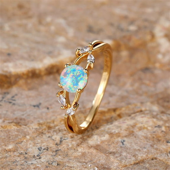 Round Cut Opal Engagement Ring in 925 Sterling Silver – Art Deco Leaf Style Opal Wedding Ring for Women, Elegant Bridal Jewelry, Unique Anniversary Gift for Her