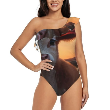 Gukieu Sunset Calf Flower Field Print One-shoulder Ruffled One-piece Swimsuit with Removable Chest Pads and Tummy-control Swimsuit for Women-Medium