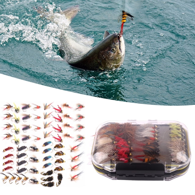 Señuelos 64pcs Moscas de Pesca Con Mosca Kit de Señolas de Señuelos de Pesca Con Tiras de Insectos Biomimética Con Caja de Mosca