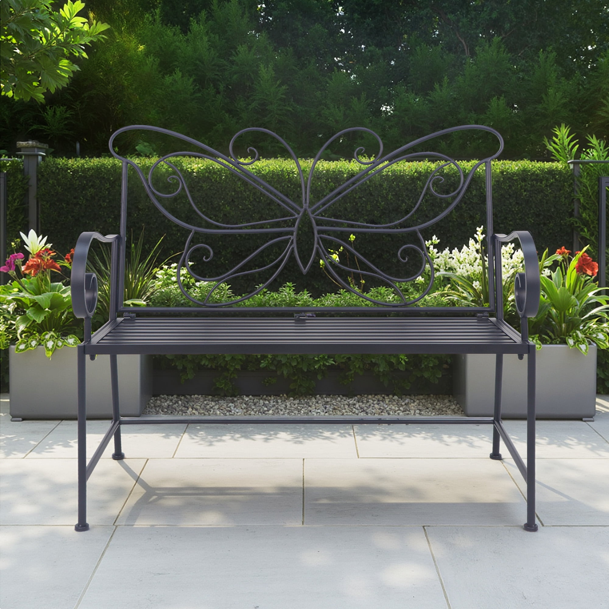 Abble 42" Outdoor Bench Metal Butterfly Design Patio Garden Bench for Porch Yard Lawn Patio Bench, Black