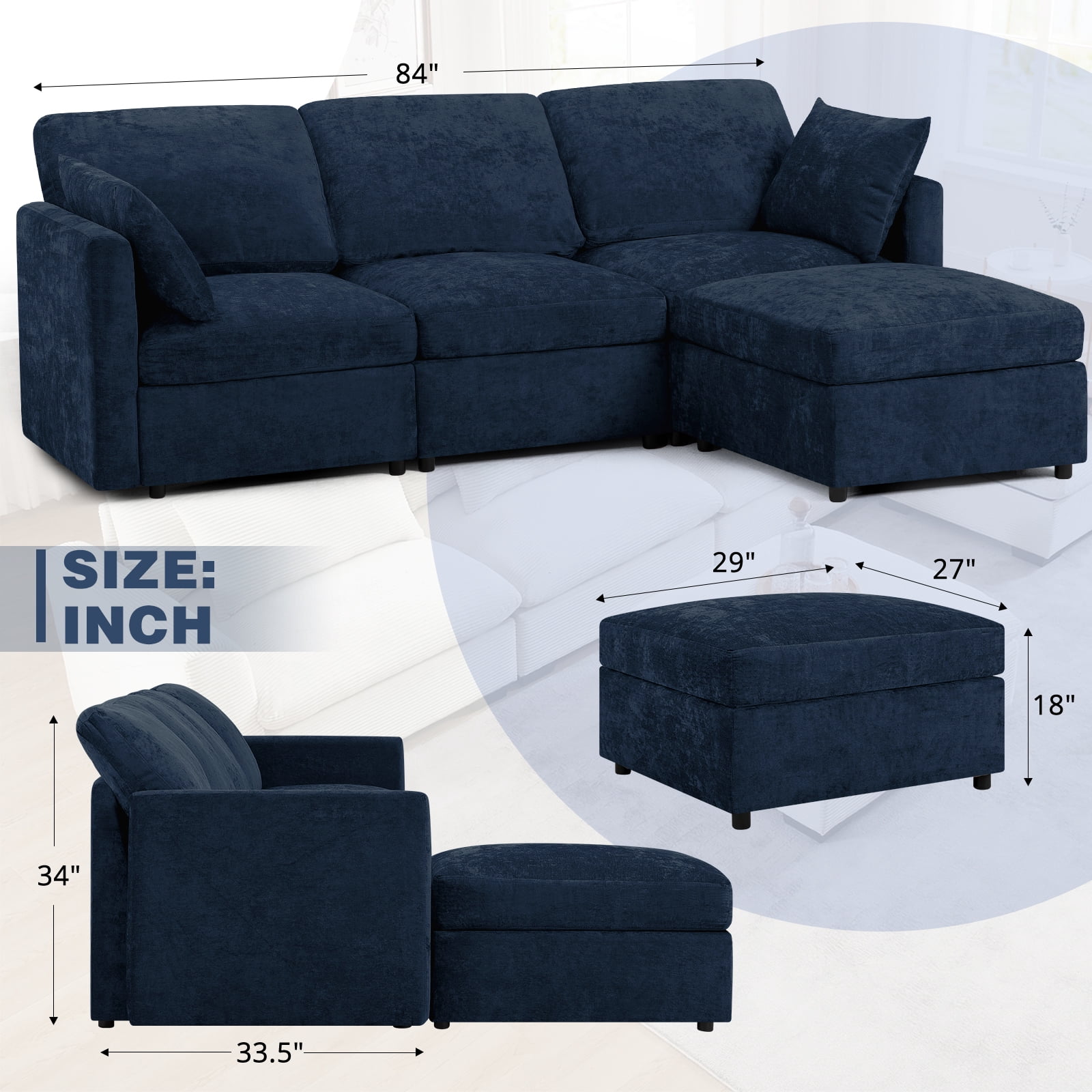 ACMEASE 84” Chenille 3 Seats Sofa W/Movable Ottoman, Modern Fabric L-Shaped Couch with Soft Backrest, Upholstered Sectional Sofa with Armrest Pillows for Living Room, Office, Blue