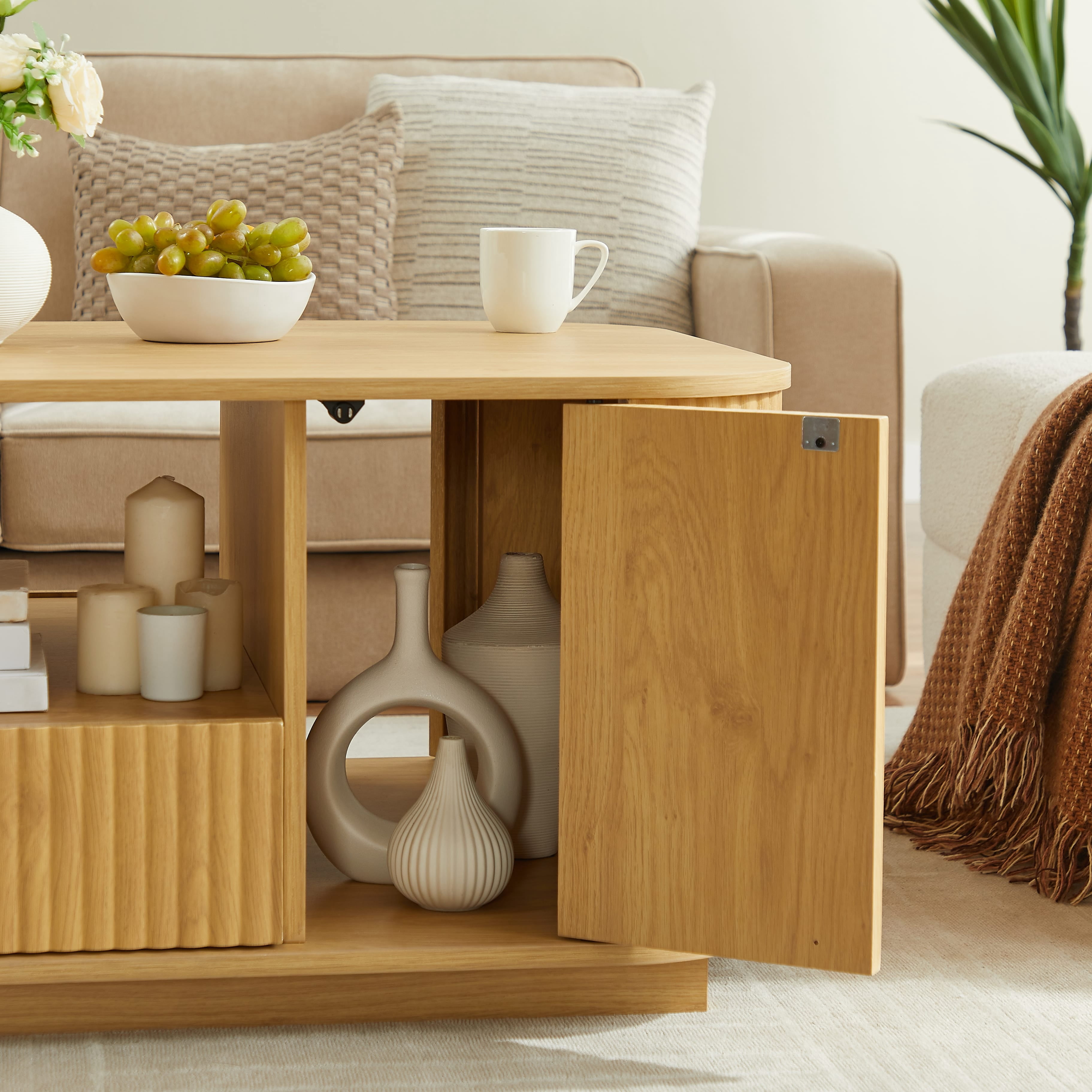 Homy Casa 46.5 in Modern Ripple Coffee Table with Doors Drawer and Open Shelf for Living Room Natural Oak