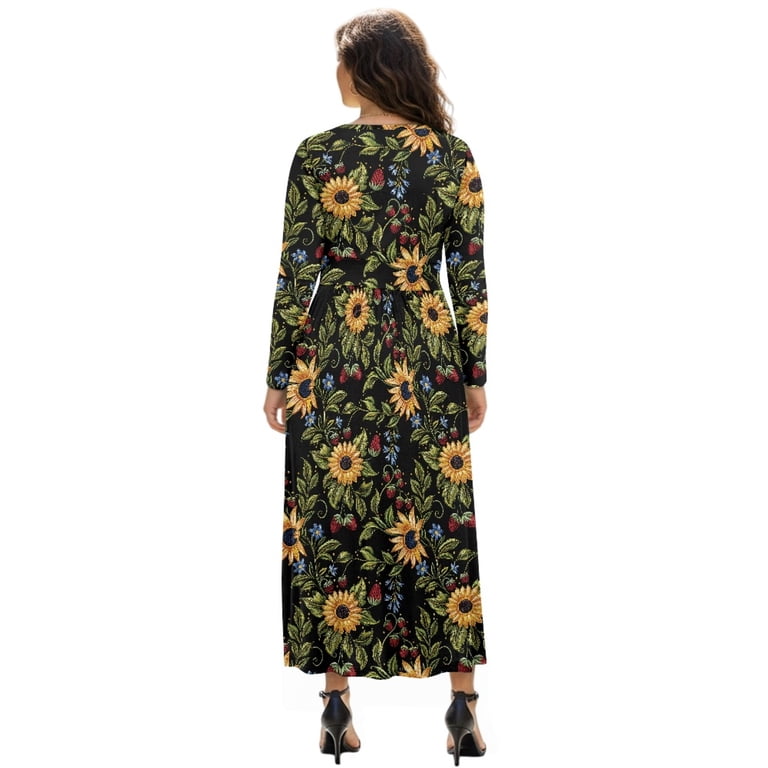 Tutolipy Sunflower Printed Dresses for Women V Neck Midi Dress