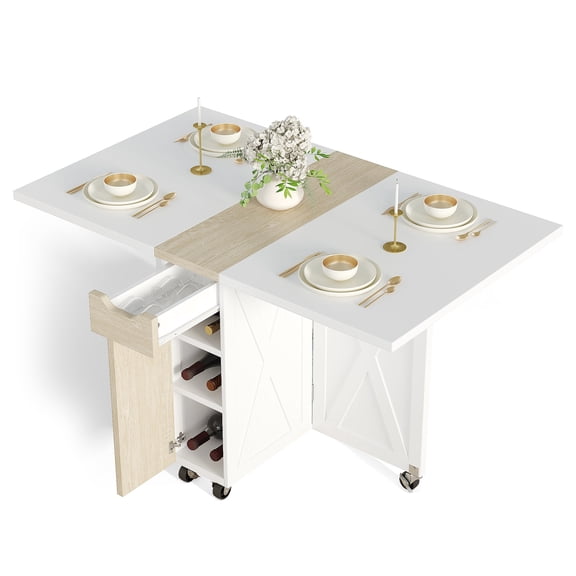 Folding Dining Table, Versatile Foldable Kitchen Dinner Table with Drawer 2 Storage Racks and 6 Wheels, Collapsible Extendable Rectangle Dining Table for Small Spaces