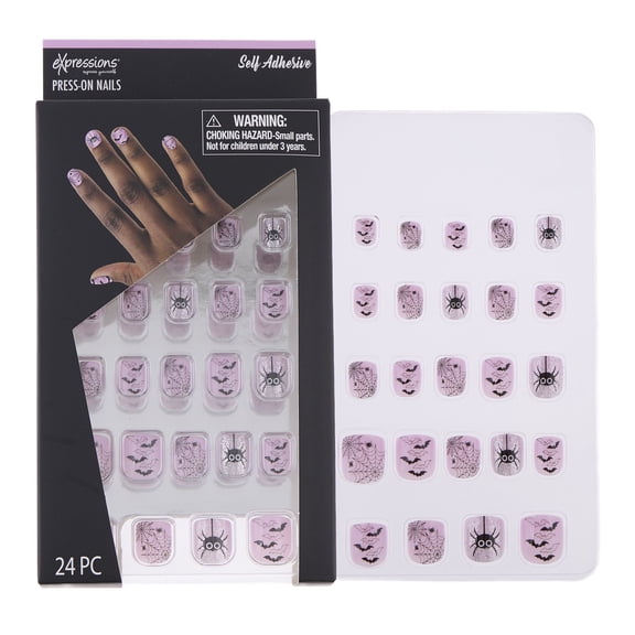 Expressions 24-Pack Self Adhesive Halloween Press-On Nails - Orange Glitter & Webs