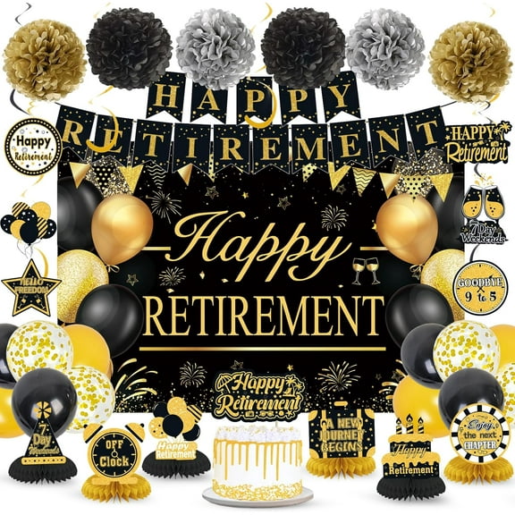 Retirement Party Decorations for Men Women Black Gold Happy Retirement Banner Backdrop Balloons Paper Pompoms Honeycomb Centerpiece Cake Topper Hanging Swirl Set