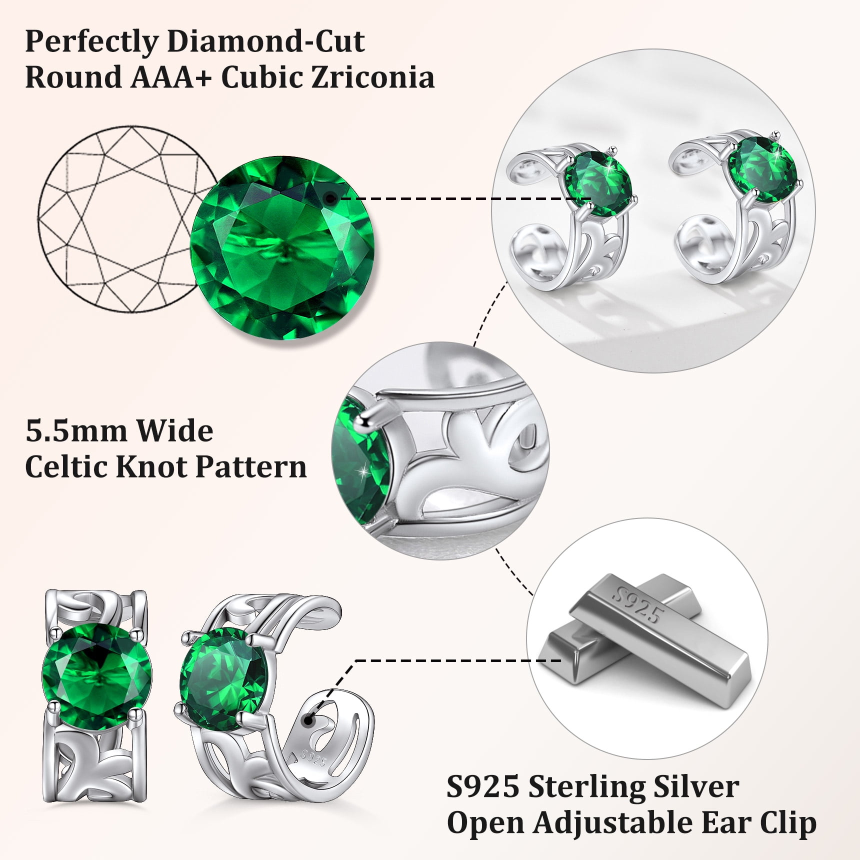 Bestyle Sterling Silver Ear Cuff Birthstone Earrings, May Emerald Clip On Cartilage Earrings for Women Christams Jewelry Gifts