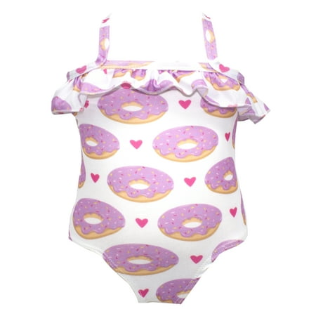 Baby Toddler Girls Lovely Donuts Patterned Ruffled-Tier One-Piece Swimsuit (Donuts, 2-3