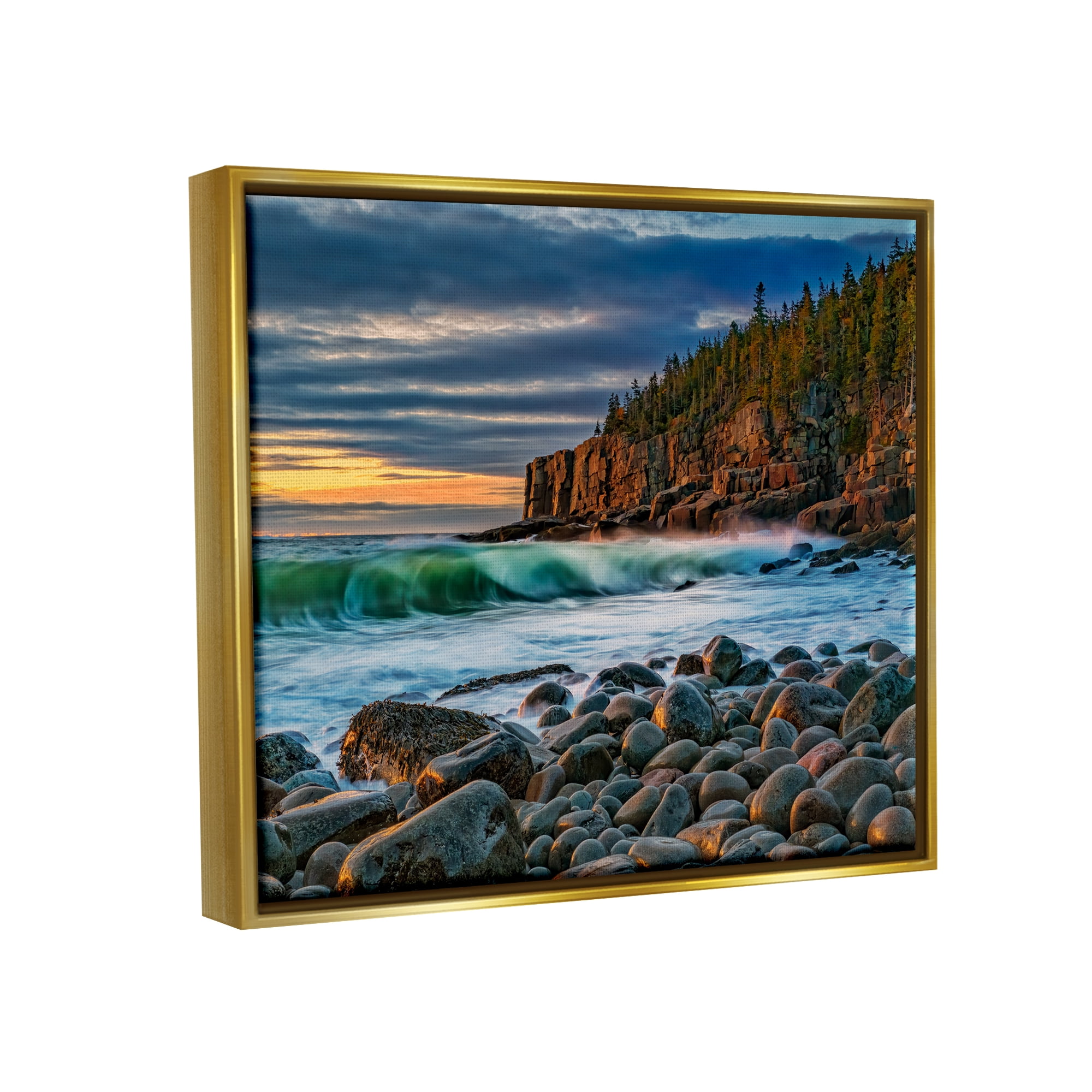 Stupell Rolling Waves Beach Rocks Coast Landscape Photography Gold Floater Framed Art Print Wall Art