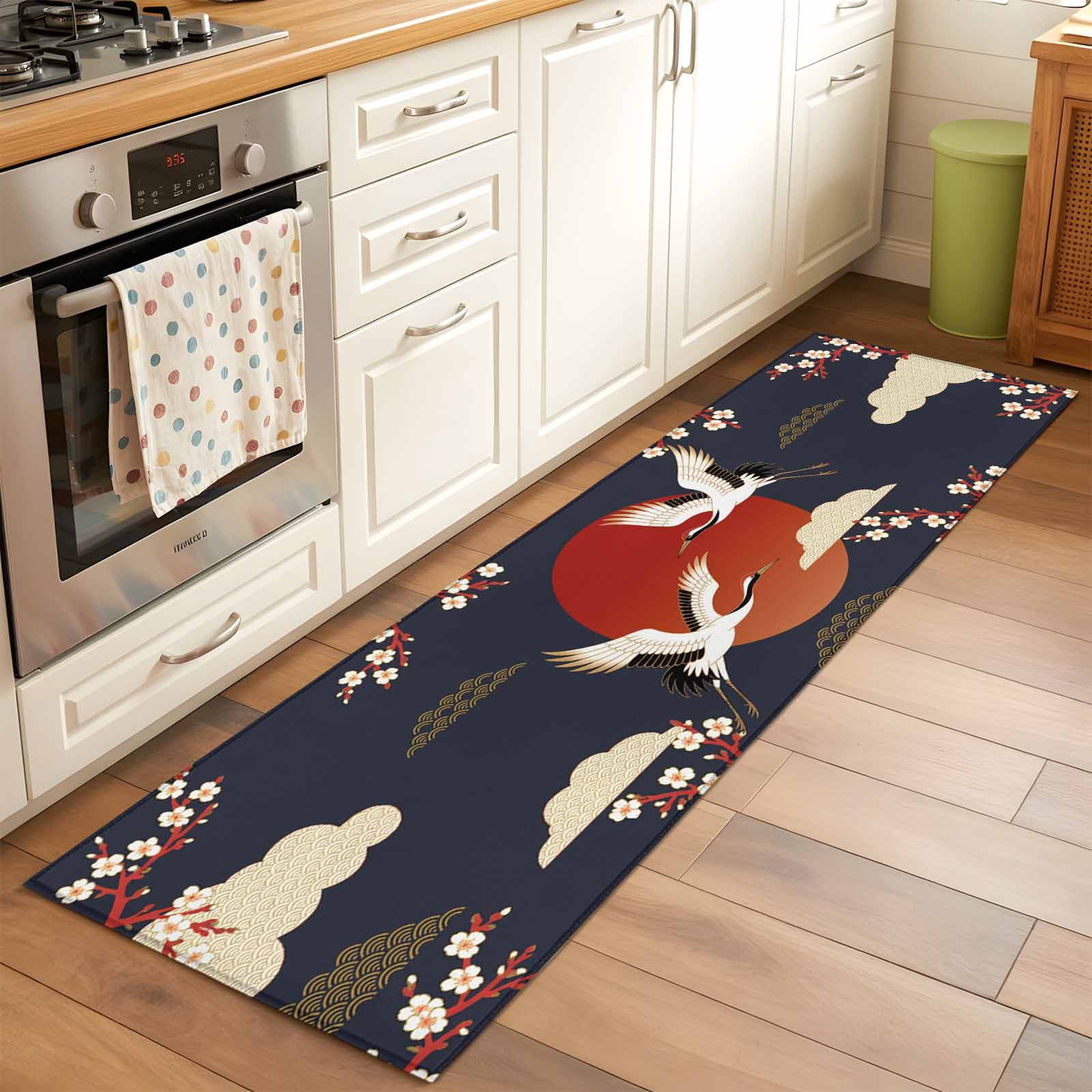 Japanese Style Area Rugs Collection 2'x6', Modern Cranes Cherry Flower Wave Red Blue Non Slip Indoor Rectangle Throw Runner Rug Floor Mat Carpet for Living Room Dining Table Bedroom Nursery