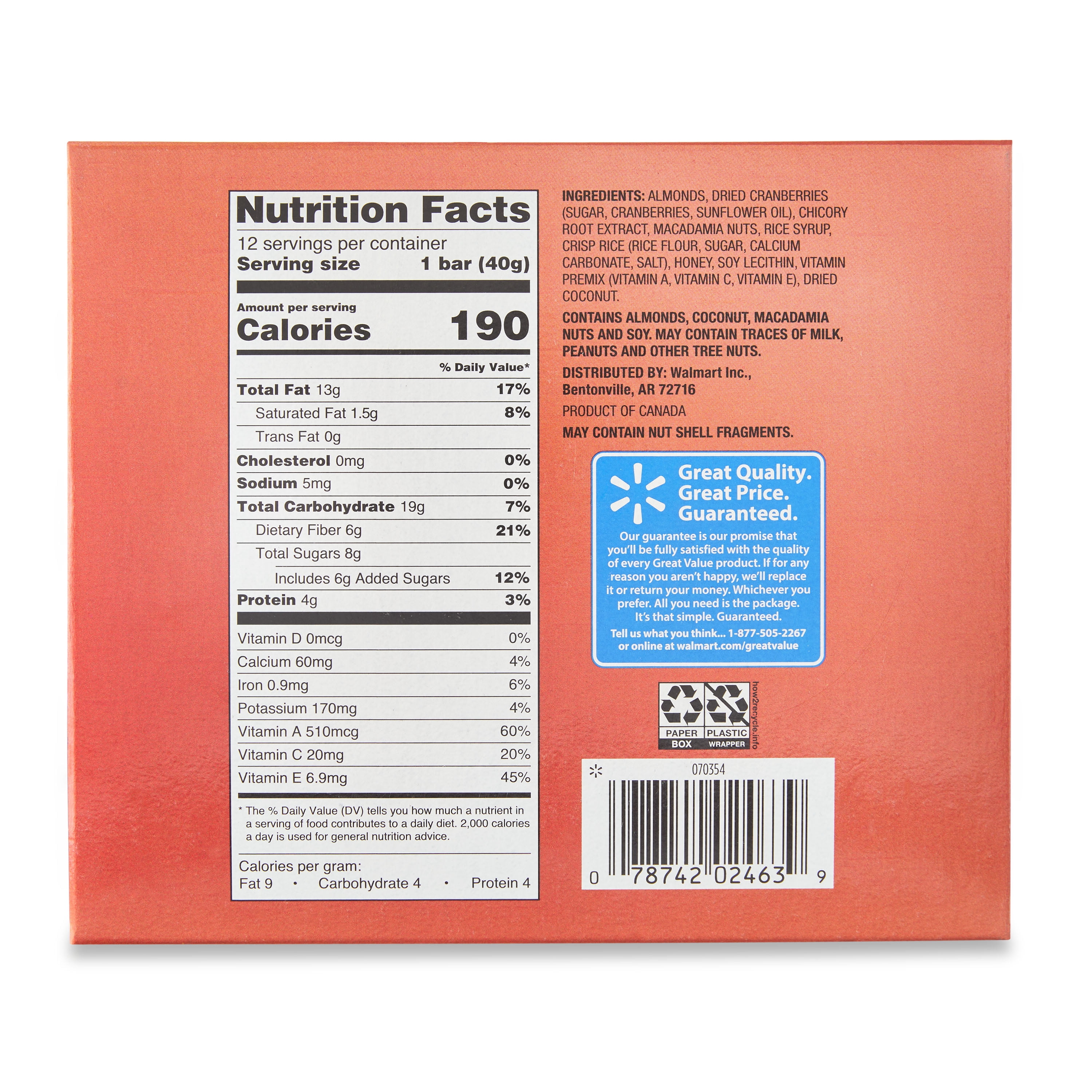 Great Value Almond & Cranberry Nut Bars, 16.9 oz, 12 Count