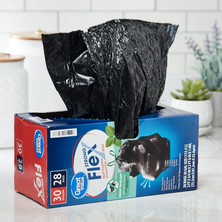 Great Value Multi Purpose Trash Bags - 30 Gallon, 28 Bags, Strong Flex,  Drawstring - Rodent Repellent Mint Scent 