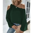 thumbnail image 4 of Blusa informal elegante de gasa con puños elásticos y mangas abullonadas de Color puro con nudo y hombros descubiertos para mujer verde oscuro L, 4 of 7