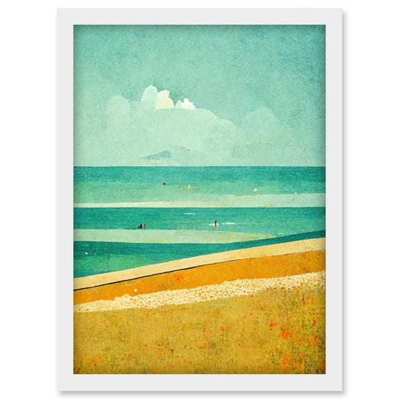 Calm Sandy Beach Summer Scene In Ochre And Teal Minimalist Artwork Framed Wall Art Print A4