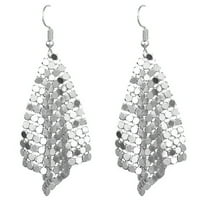 Grandest Birch Women Sequins Mesh Dangle Drop Hook Earrings Club Evening Party Jewelry Alloy Silver